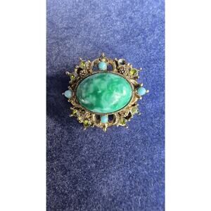 Green Cabochon Brooch Pin Gold Tone Filigree Turquoise Bead Costume Jewelry